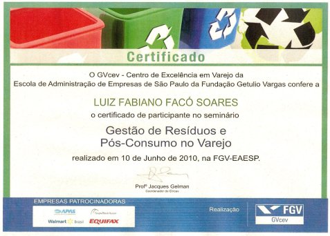 Certificado Gestão de Residuos e Pós-Consumo no Varejo - FGV EAESP